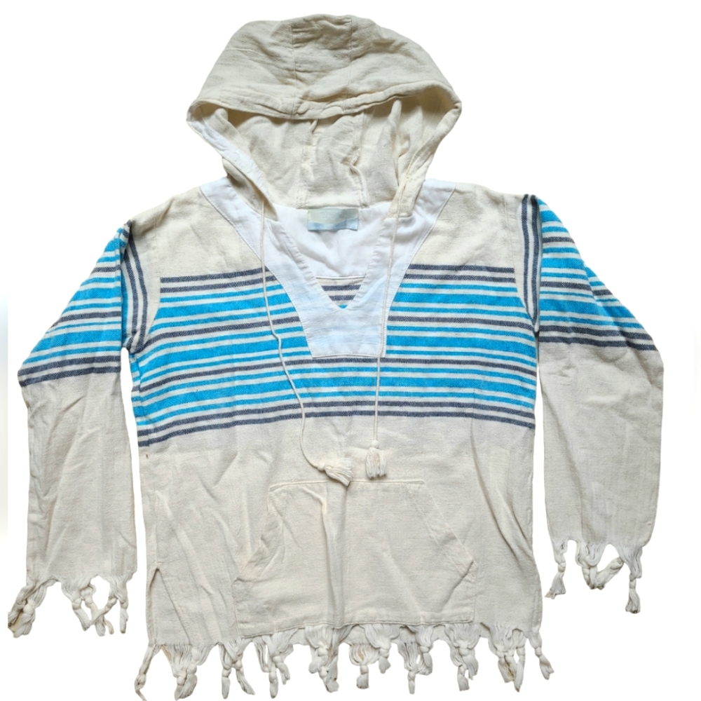 House Of Woo Beach Hoodie Pullover Blue Cream Striped Fringe Womens Size MEDIUM
